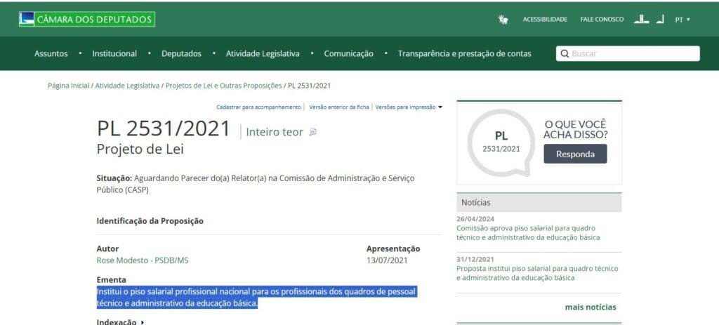 SITE da Câmara dos deputados onde se pode consultas o PL 2531/2021