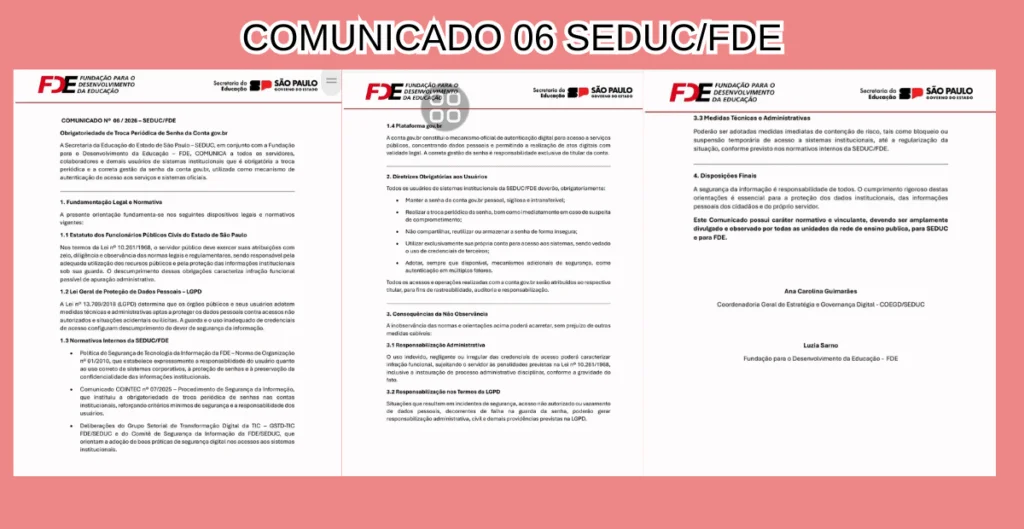Troca de senha gov seduc-sp - Comunicado 06 SEDUC/FDE